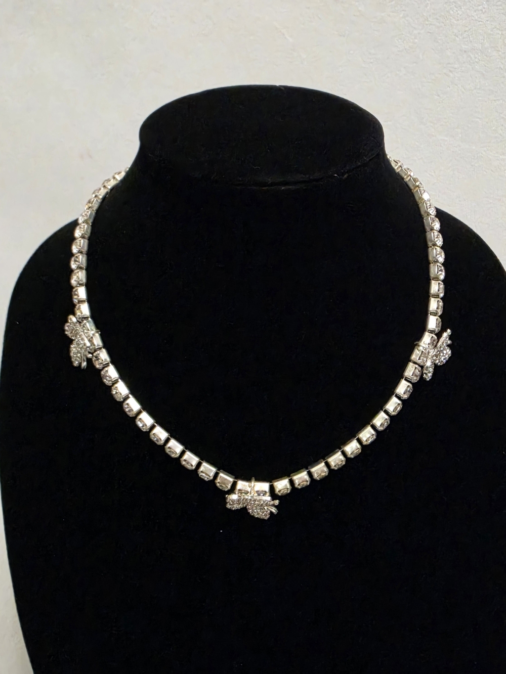 Vintage Silver Tone Rhinestone Tennis Choker Necklace Butterfly Bow Charms 18"